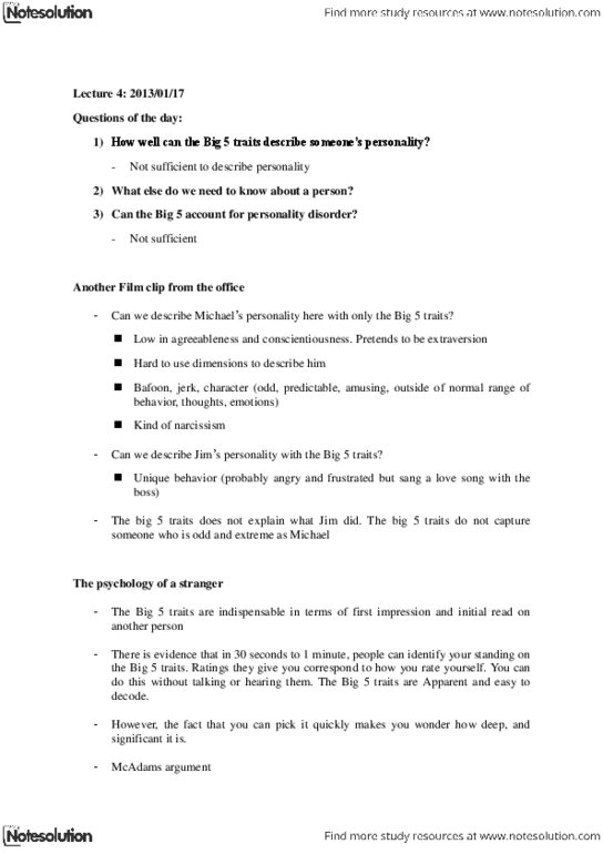 PSYC 332 Lecture Notes - Lecture 4: Personality Disorder, Personality Psychology, Extraversion And Introversion thumbnail