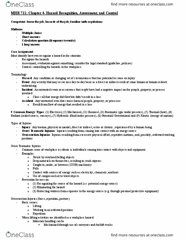 MHR 711 Lecture Notes - Lecture 4: Administrative Controls, Carpal Tunnel, Information Source thumbnail