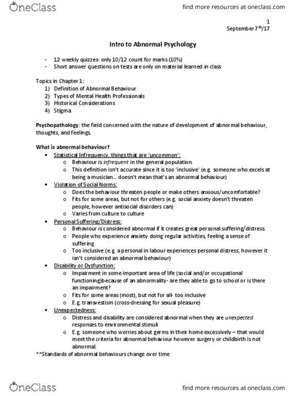 PS280 Lecture Notes - Lecture 1: Paresis, Germ Theory Of Disease, Little Albert Experiment thumbnail