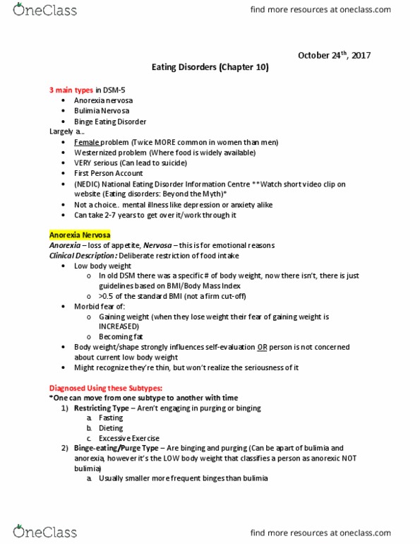 PS280 Lecture Notes - Lecture 6: Shyness, Paraventricular Nucleus Of Hypothalamus, Eating Disorder Not Otherwise Specified thumbnail