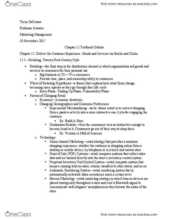 MKTG 2101 Chapter Notes - Chapter 12: Sales Process Engineering, Retail, Marketing Mix thumbnail