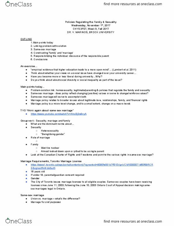 CHYS 3P27 Lecture Notes - Lecture 7: Civil Marriage Act, Nuclear Family, Social Inequality thumbnail