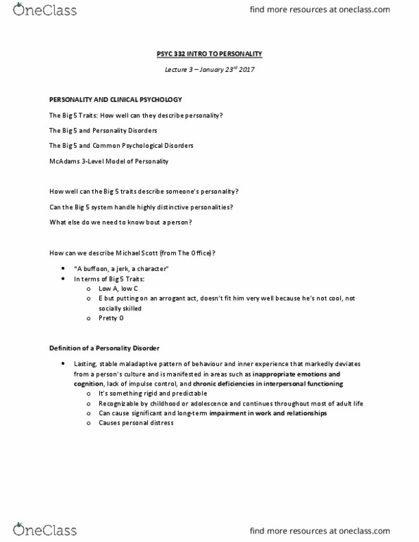 PSYC 332 Lecture Notes - Lecture 3: Dysthymia, Social Anxiety Disorder, Narcissism thumbnail