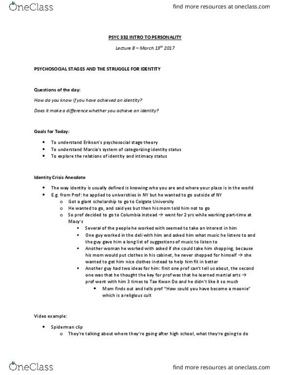 PSYC 332 Lecture Notes - Lecture 8: Dysphoria, James Marcia, Taekwondo thumbnail