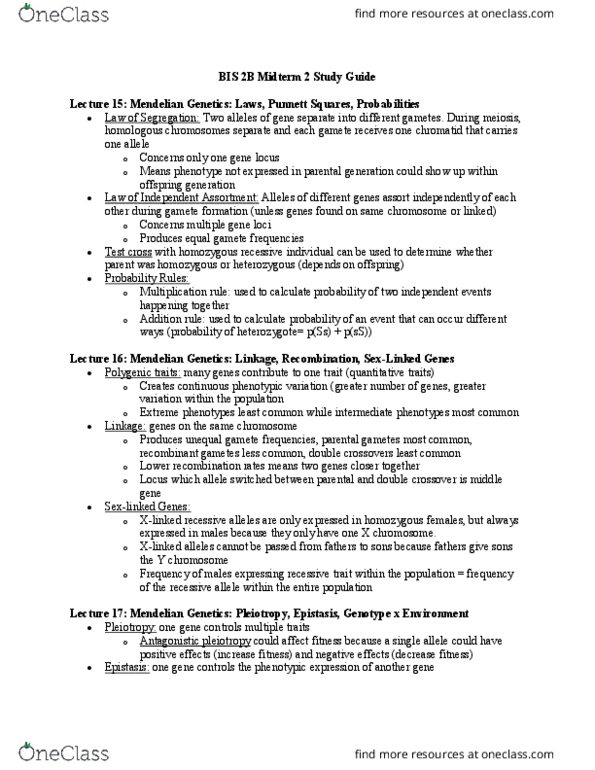 BIS 2B Study Guide - Fall 2017, Midterm - Meiosis, Outcrossing, Gene Flow