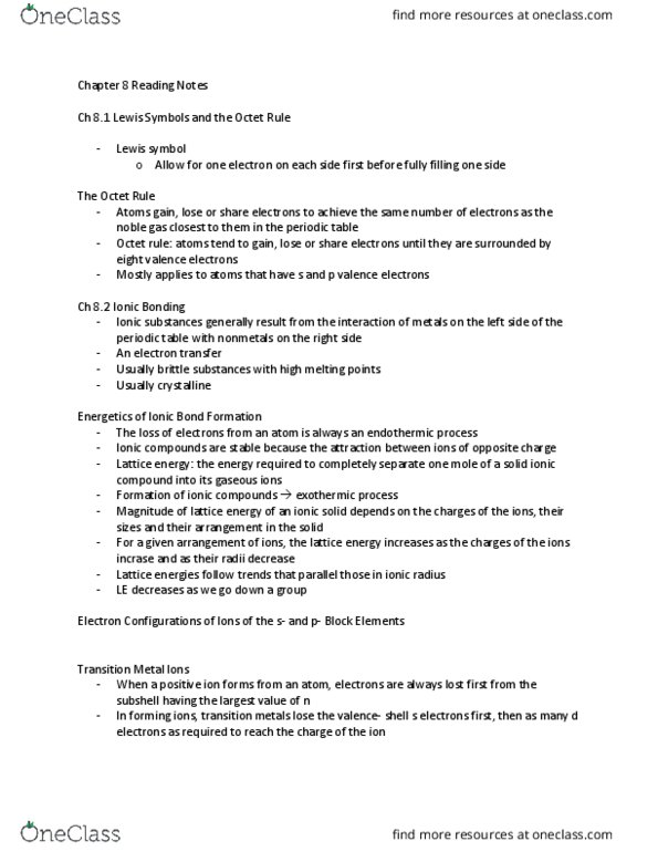 CHE 106 Chapter Notes - Chapter 8.1-8.4: Triple Bond, Lattice Energy, Double Bond thumbnail