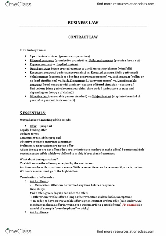 BLA 461 Lecture Notes - Lecture 1: Objective Test, Anticipatory Repudiation, Specific Performance thumbnail