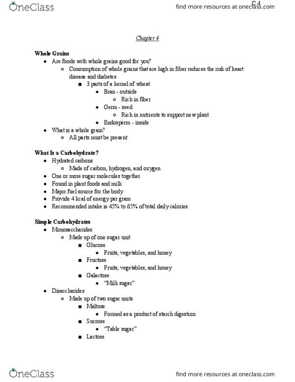 HNFE 1004 Lecture Notes - Lecture 4: Fructose, Amylose, Bran thumbnail