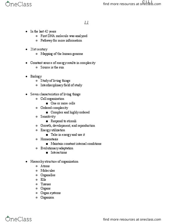 BIOL 1105 Lecture Notes - Lecture 1: Organism, Cell Theory, Complex System thumbnail