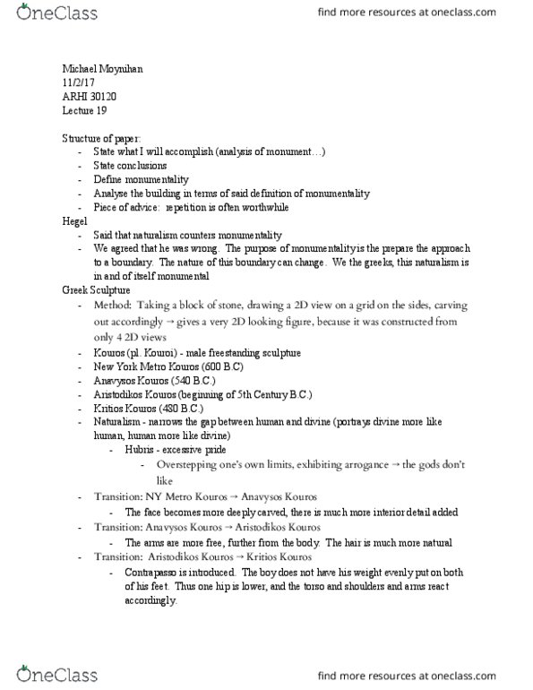 ARHI 30120 Lecture Notes - Lecture 19: Kritios Boy, Kritios, Kouros thumbnail