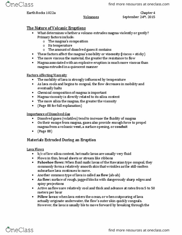 Earth Sciences 1022A/B Lecture Notes - Lecture 4: Stratovolcano, Lava, Viscosity thumbnail