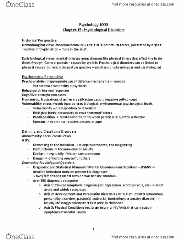 Psychology 1000 Chapter Notes - Chapter 15: Posttraumatic Stress Disorder, Generalized Anxiety Disorder, Borderline Personality Disorder thumbnail