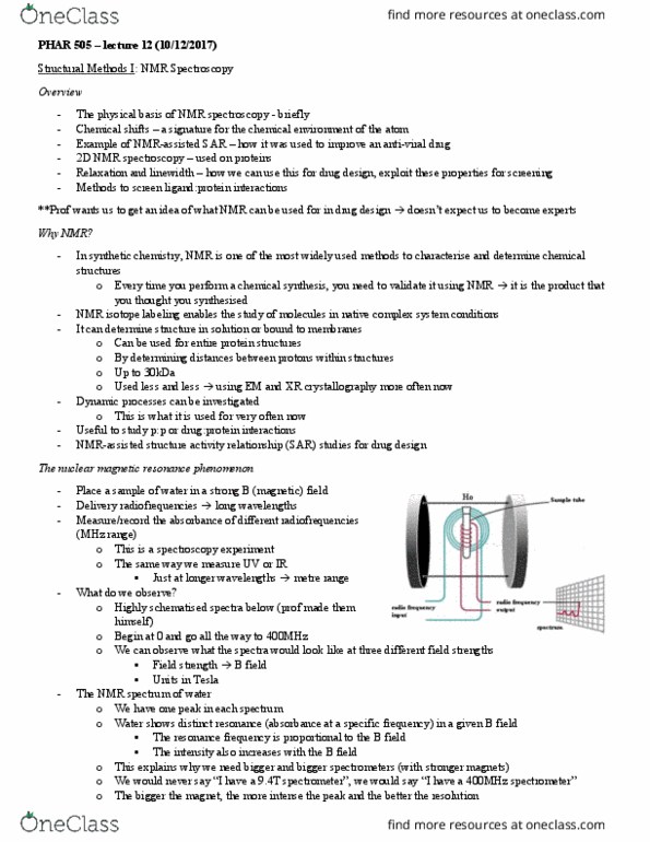 PHAR 505 Lecture Notes - Lecture 12: Nuclear Magnetic Resonance Spectroscopy, Gyromagnetic Ratio, Nuclear Magnetic Resonance Spectroscopy Of Proteins thumbnail