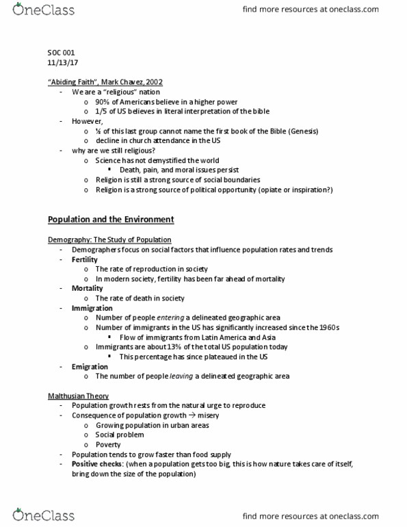 SOC 001 Lecture Notes - Lecture 23: Adema, Church Attendance, Opiate thumbnail