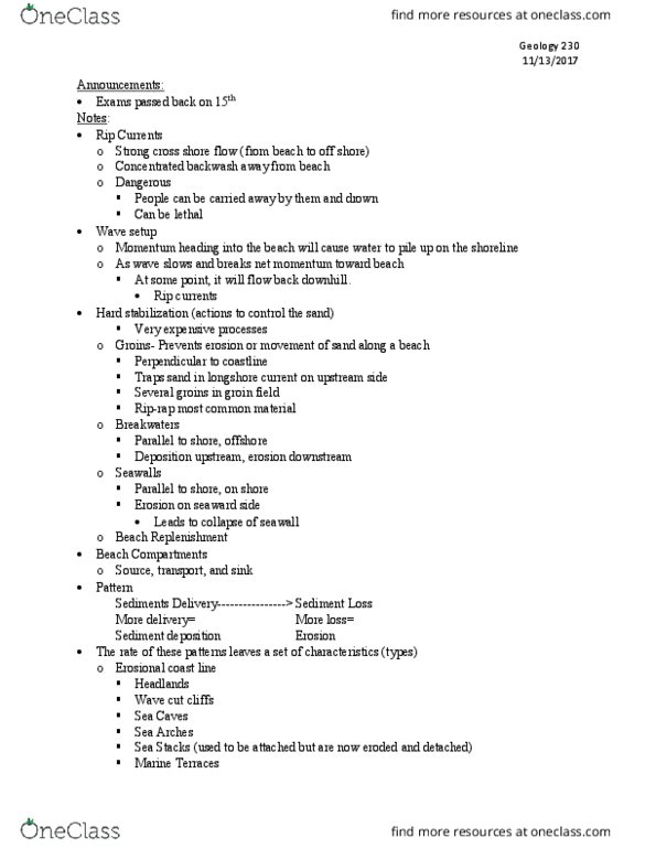 GEOLOGY 230 Lecture Notes - Lecture 32: Longshore Drift, Riprap, Distributary thumbnail