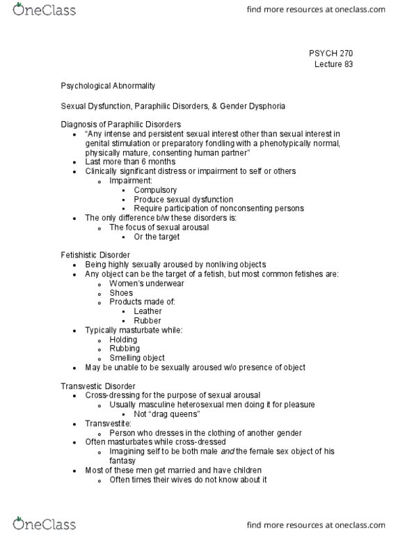 PSYCH 270 Lecture Notes - Lecture 83: Sexual Sadism Disorder, Transvestic Fetishism, Sexual Arousal thumbnail