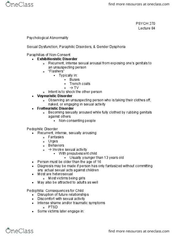 PSYCH 270 Lecture Notes - Lecture 84: Sexual Arousal, Sexual Dysfunction, Pedophilia thumbnail