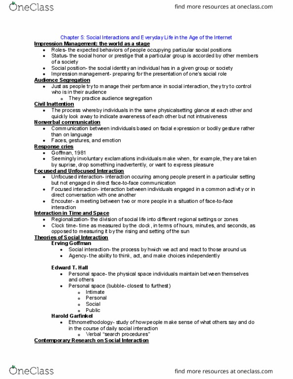 SOCI 120 Lecture Notes - Lecture 10: Harold Garfinkel, Proxemics, Impression Management thumbnail