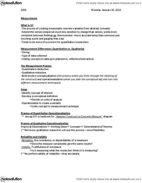 Sociology 2206A/B Lecture Notes - Lecture 4: Statistic, Concurrent Validity, Operationalization thumbnail