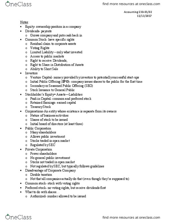 ACCTG 230 Lecture Notes - Lecture 32: Initial Public Offering, Treasury Stock, Preferred Stock thumbnail