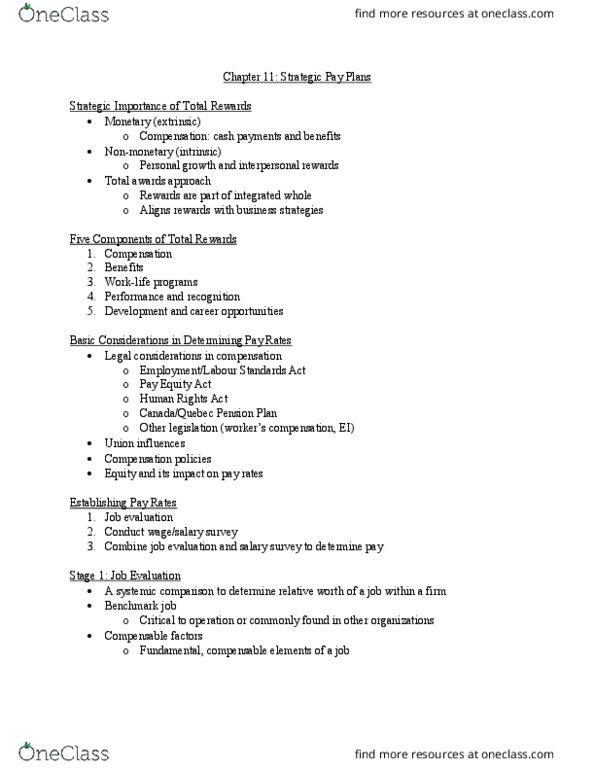 HRM200 Lecture Notes - Lecture 11: Total Rewards, Job Evaluation, Personal Development thumbnail