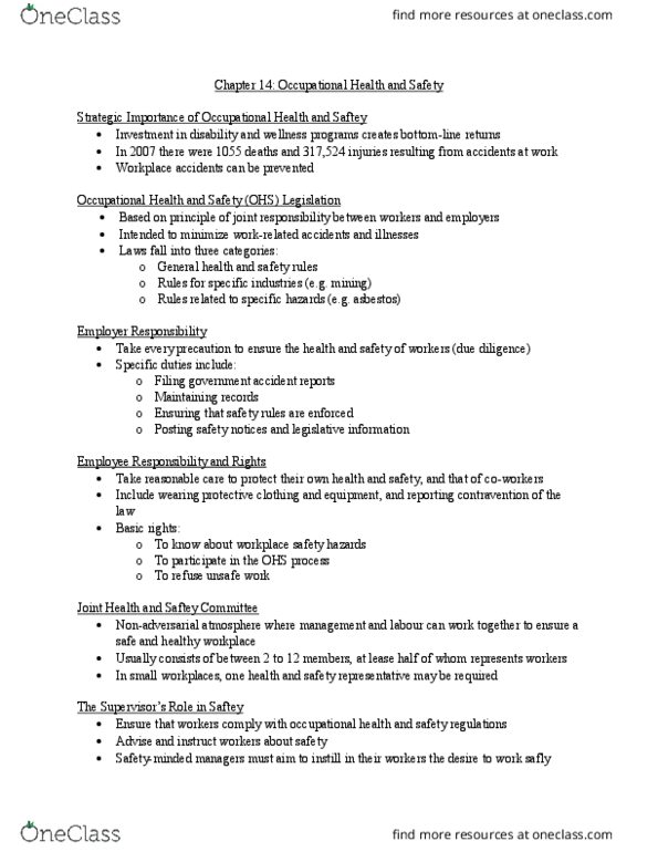 HRM200 Lecture Notes - Lecture 14: Occupational Safety And Health, Espn Bottomline, Safety Data Sheet thumbnail
