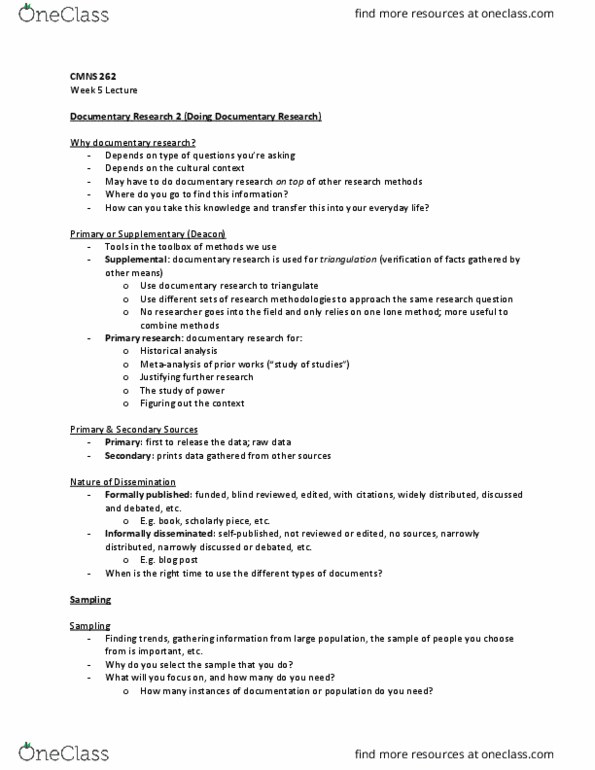 CMNS 262 Lecture Notes - Lecture 5: Sample Size Determination, Bilingual Education thumbnail