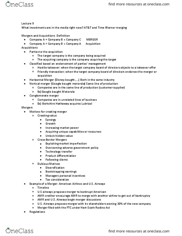 FI 414 Lecture Notes - Lecture 9: Berkshire Hathaway, Lubrizol, Takeover thumbnail