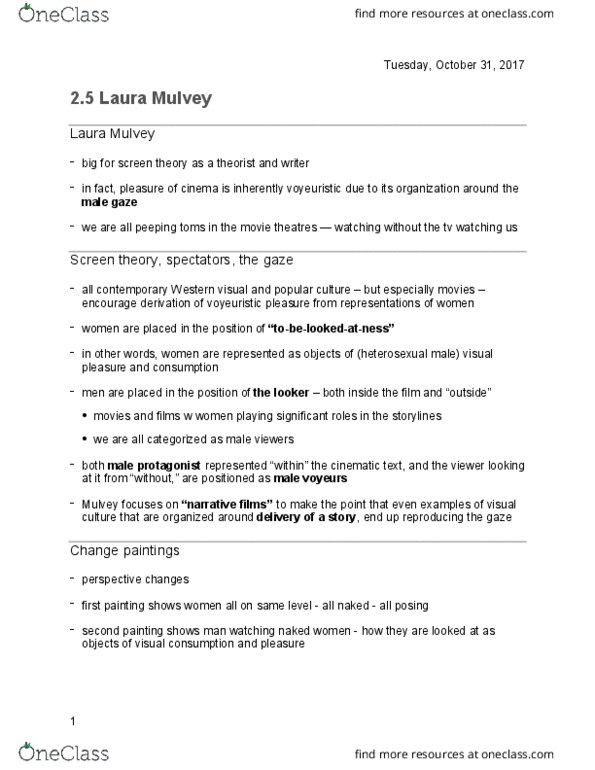 CMST 3K03 Lecture Notes - Lecture 14: Laura Mulvey thumbnail