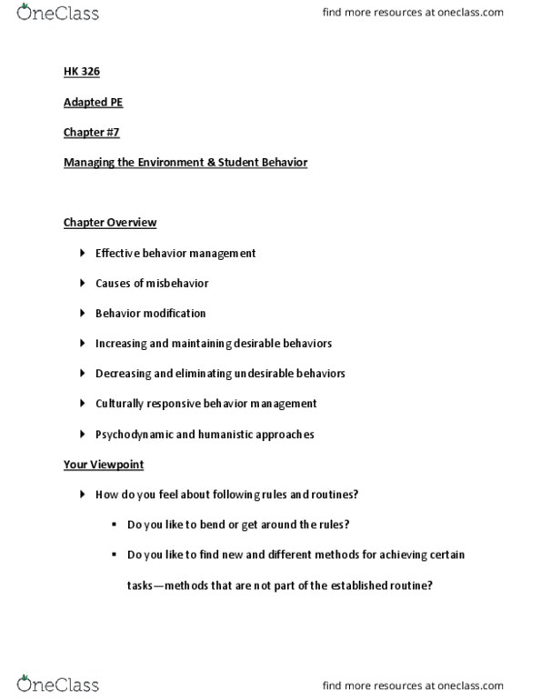 HK 32600 Lecture Notes - Lecture 6: Behavior Management, Behavior Modification thumbnail