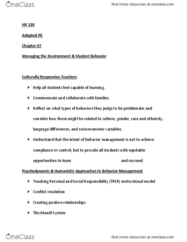 HK 32600 Lecture Notes - Lecture 11: Behavior Management, Conflict Resolution thumbnail