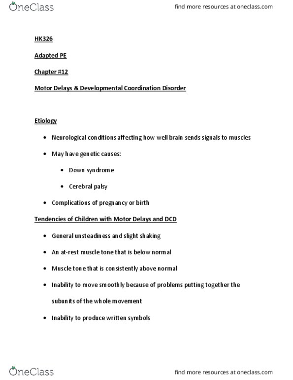 HK 32600 Lecture Notes - Lecture 9: Developmental Coordination Disorder, Cerebral Palsy, Muscle Tone thumbnail