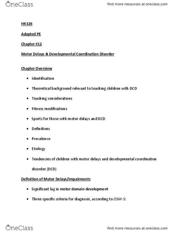 HK 32600 Lecture Notes - Lecture 15: Developmental Coordination Disorder, Dsm-5, Etiology thumbnail