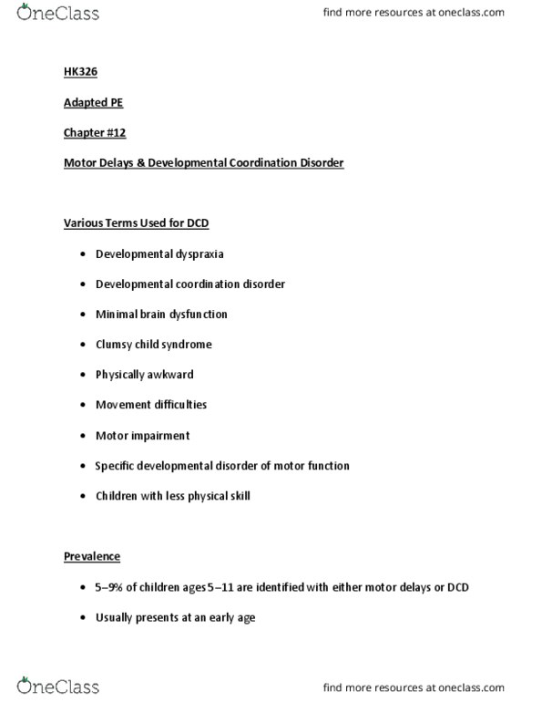 HK 32600 Lecture Notes - Lecture 8: Developmental Coordination Disorder, Specific Developmental Disorder thumbnail