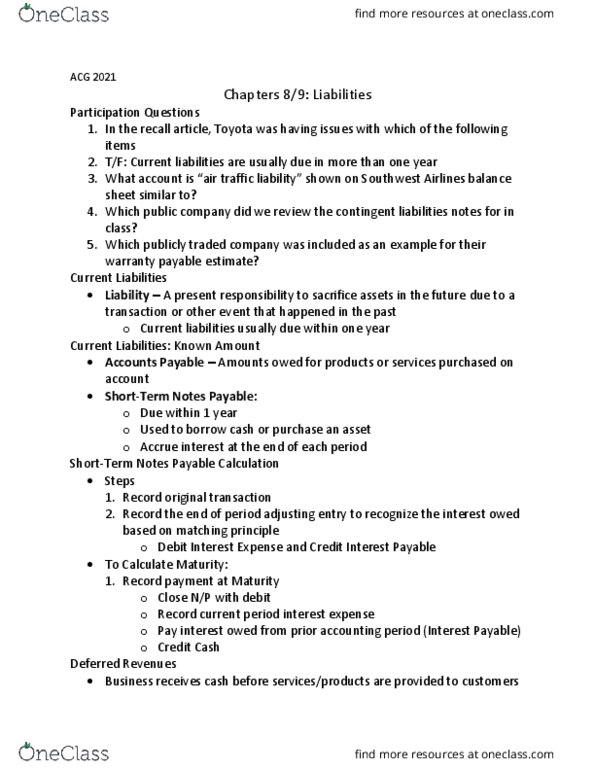 ACG 2021 Lecture Notes - Lecture 9: Deferred Income, Southwest Airlines, Contingent Liability thumbnail