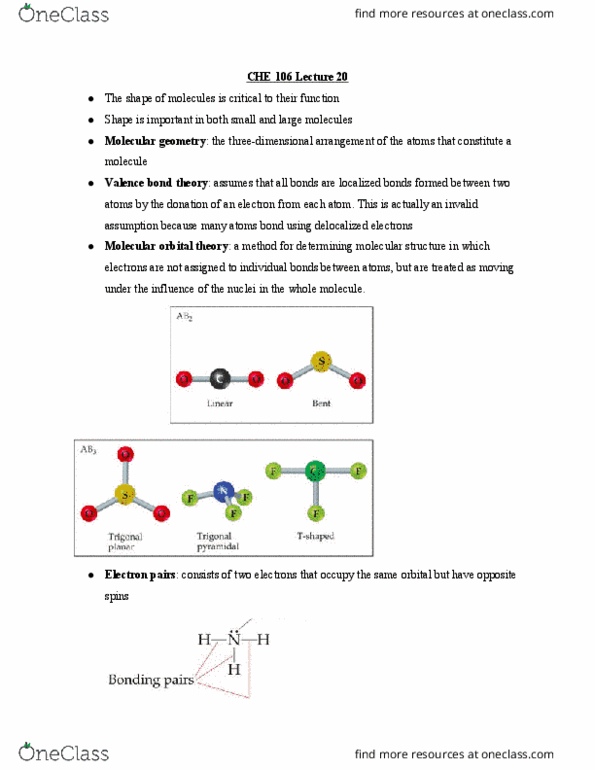 CHE 106 Lecture Notes - Lecture 20: Molecular Orbital Theory, Valence Bond Theory, Vsepr Theory thumbnail