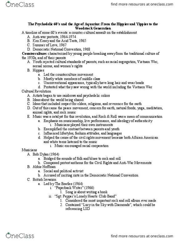 HIS 372 Lecture Notes - Lecture 9: Abbie Hoffman, Ken Kesey, Paperback Writer thumbnail