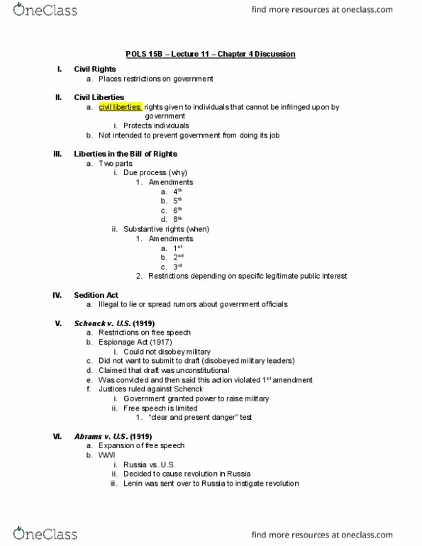 POLS 015B Lecture Notes - Lecture 11: Espionage Act Of 1917, Substantive Rights, Due Process thumbnail