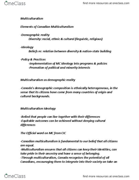 SOCI 230 Lecture Notes - Lecture 17: Multiculturalism In Canada, Canadian Identity, Minority Rights thumbnail