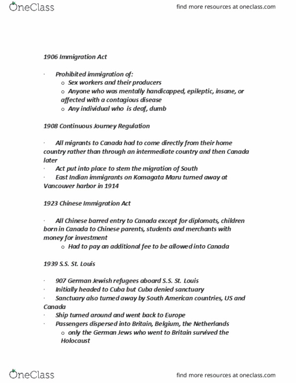 SOCI 230 Lecture Notes - Lecture 11: Chinese Immigration Act, 1923, European Canadian, Absorptive Capacity thumbnail
