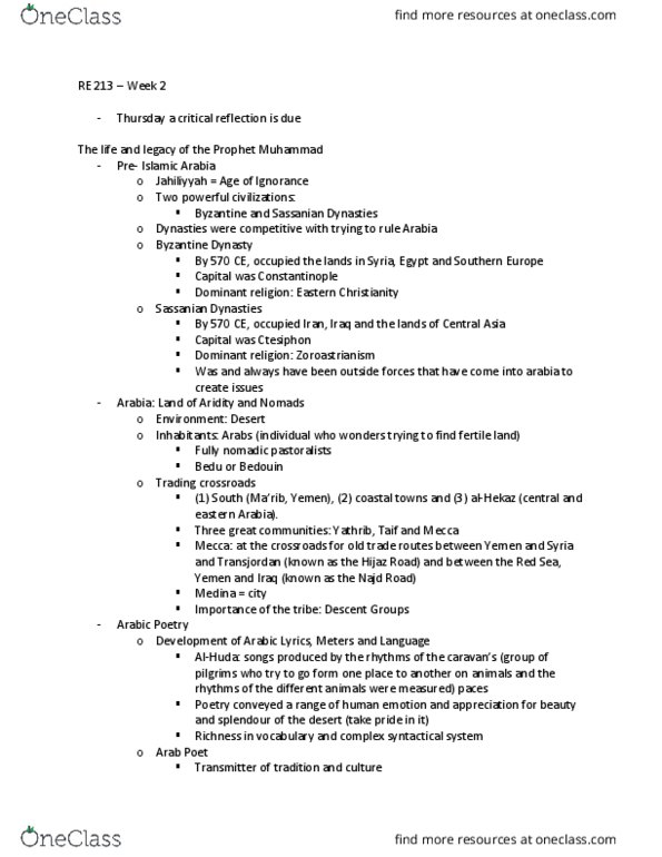 RE213 Lecture Notes - Lecture 2: Jahiliyyah, Medina, Zoroastrianism thumbnail