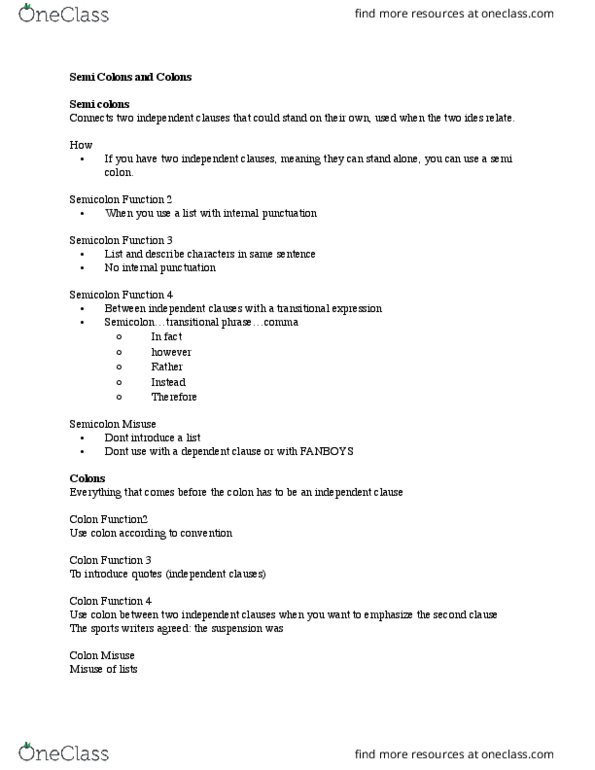 ENGL 134 Lecture Notes - Lecture 16: Independent Clause, Semicolon thumbnail