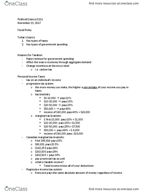 Political Science 2211E Lecture Notes - Lecture 7: Progressive Tax, Aggregate Demand, Making Money thumbnail