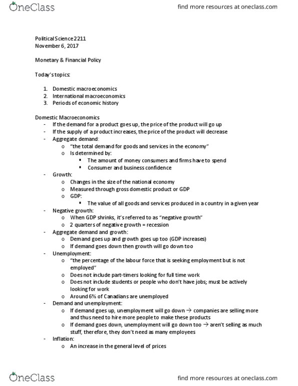 Political Science 2211E Lecture Notes - Lecture 6: Aggregate Demand, Macroeconomics, Deflation thumbnail