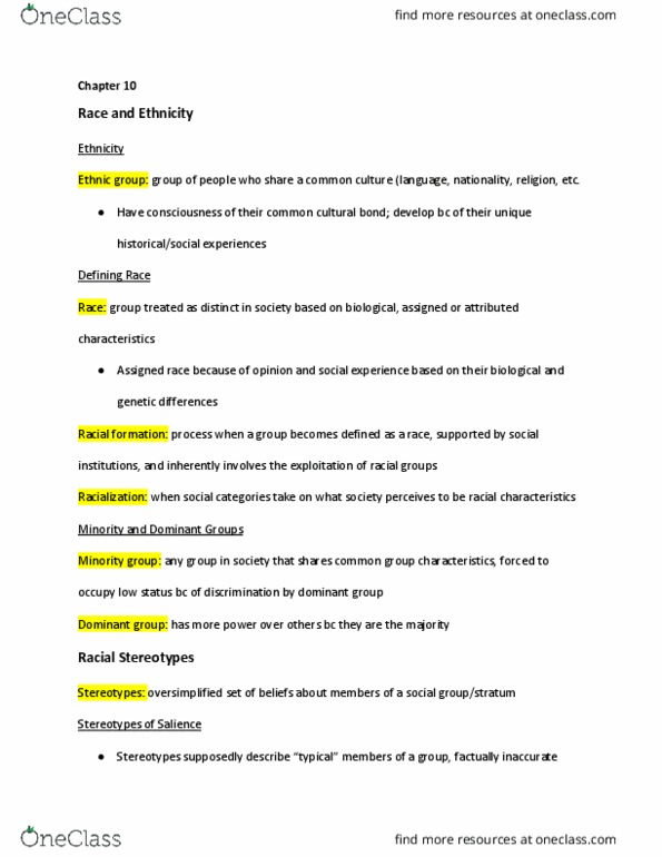 SOC 1010 Chapter Notes - Chapter 10: Ethnic Group, Minority Group, Racialization thumbnail