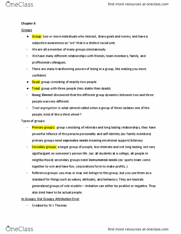 SOC 1010 Chapter Notes - Chapter 6: Georg Simmel, Group Dynamics, Groupthink thumbnail