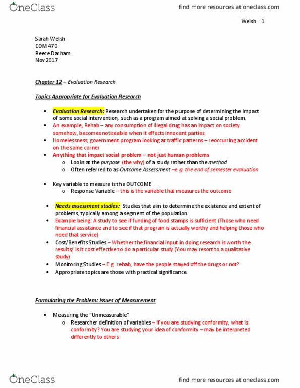 COM 470 Lecture 21: Chapter 12 – Evaluation Research; Topics Appropriate for Evaluation Research; Formulating the Problem: Issues of Measurement; Types of Evaluation Research Designs; Graphs and examples thumbnail