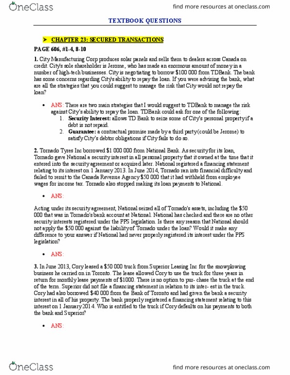 LAW 603 Chapter Notes - Chapter 23,24,14: Canada Revenue Agency, Security Interest, High Tech thumbnail