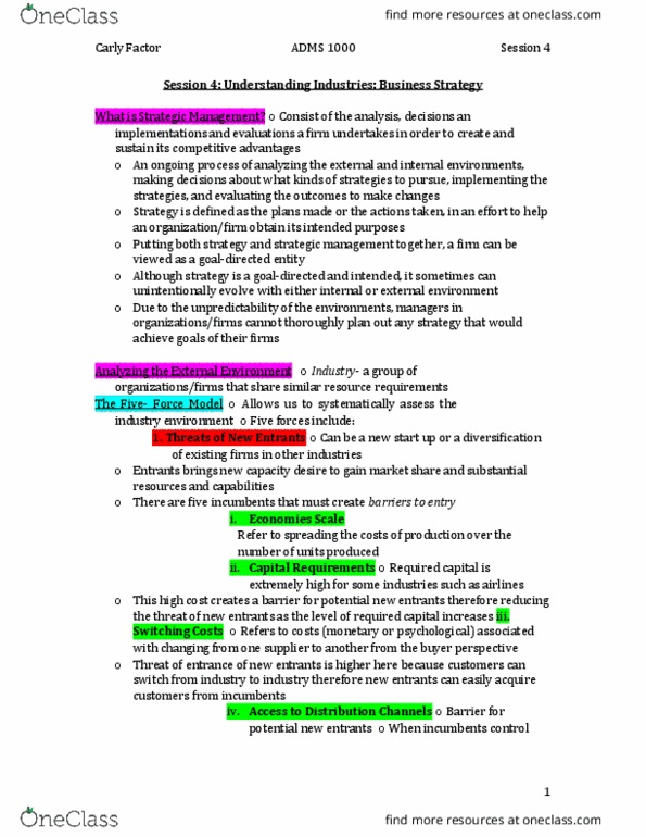 ADMS 1000 Lecture Notes - Lecture 5: Switching Barriers, Strategic Management, Market Power thumbnail