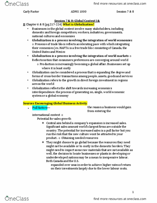 ADMS 1000 Lecture Notes - Lecture 10: Trade Bloc, Franchising, Offshoring thumbnail